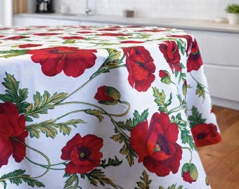 Poppy tablecloth with a cotton ribbon edge. 100% cotton. Round, oval, square, rectangular. Custom size. Italian tablecloth