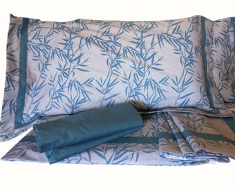 Bed sheet set in pure cotton. Bamboo design. Any size available upon request. Handcrafted product. Made in Italy.