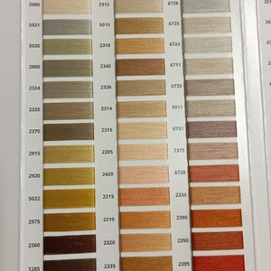 May include: An Aurifil thread color chart featuring three vertical columns of thread samples labeled 10, 11, and 12. Each sample is a rectangular swatch of colored thread with a corresponding four-digit numerical code printed to the left.