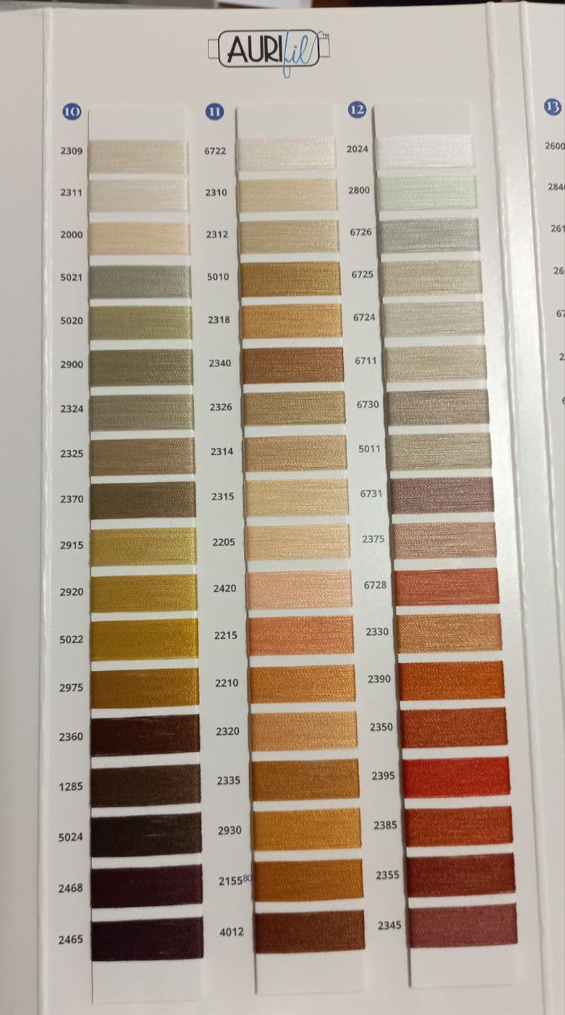 May include: An Aurifil thread color chart featuring three vertical columns of thread samples labeled 10, 11, and 12. Each sample is a rectangular swatch of colored thread with a corresponding four-digit numerical code printed to the left.