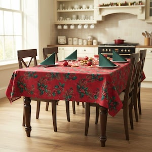 Op de afbeelding: Een rechthoekige eettafel bedekt met een rood tafelkleed met een herhalend patroon van groene hulstbladeren, rode bessen en dennenappels. Drie donkergroene gevouwen servetten liggen op tafel samen met kleine rode kerstballen.