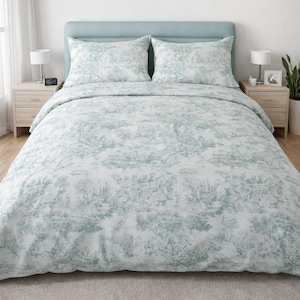 Toile de jouy duvet cover with pillowcases and fitted sheet. Duvet cover set. Custom duvet cover. Cotton duvet set. Made in Italy