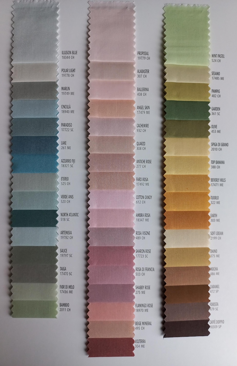 May include: A fabric swatch color chart featuring three vertical columns of pinked-edge textile samples. The columns display a gradient of blue, green, pink, rose, and brown shades, each labeled with a specific color name and alphanumeric code.