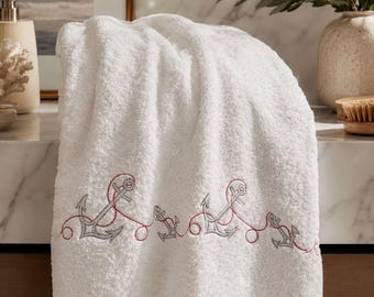 Handmade luxury terry cloth bath towels – 5-piece set with anchor embroidery and sea-inspired design. Made in Italy