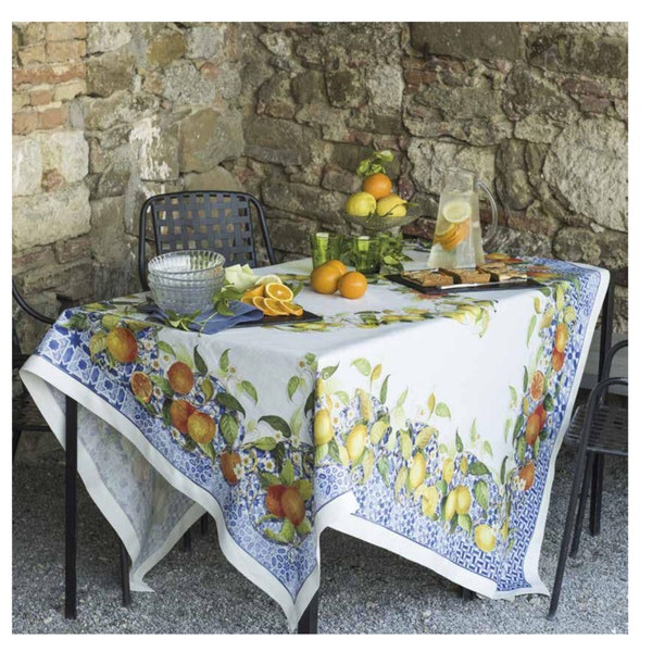 Nappe 100% pur lin. SEVILLANE. Je dessine des citrons et des oranges. Ourlet droit. Nappe d'été. Idée cadeau pour la nouvelle maison. Fabriqué en Italie