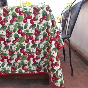 Cherry cotton tablecloth with ribbon. Tablecloth and napkins. Spring, summer, colorful. Italian tablecloth. Made in Italy