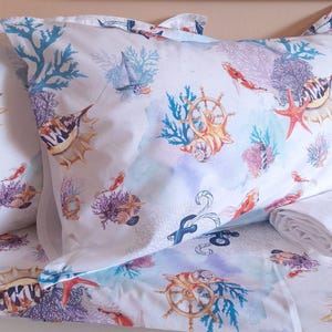 Percale sheet set with pillowcases, Nautical bed sheets, Coastal bedding set. King, queen, full, single. Very soft fabric.  Italian bedding