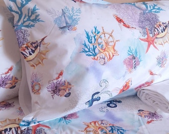 Percale sheet set with pillowcases, Nautical bed sheets, Coastal bedding set. King, queen, full, single. Very soft fabric.  Italian bedding