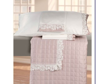 Lace bedding set with bedspread and sheets. Satin fabric and rebrodè lace. Victorian bedding. Made in Italy. Embroidered bedspread.