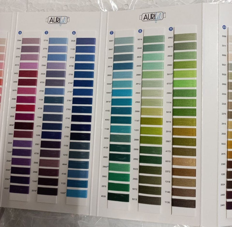May include: A color chart for Aurifil thread featuring multiple columns of thread samples arranged by hue. Each sample is a small rectangular swatch of colored thread labeled with a corresponding numerical code on a white paper background.