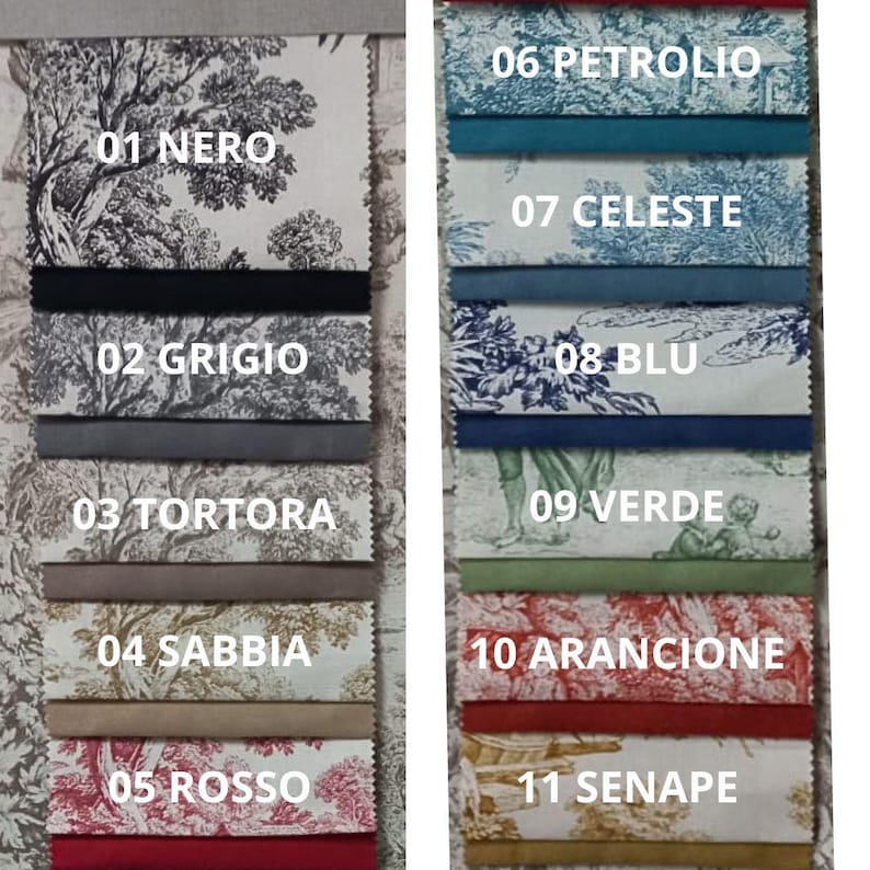 Puede incluir: Un muestrario de telas con dos columnas de tiras textiles. La columna izquierda muestra 01 Nero, 02 Grigio, 03 Tortora, 04 Sabbia y 05 Rosso. La columna derecha muestra 06 Petrolio, 07 Celeste, 08 Blu, 09 Verde, 10 Arancione y 11 Senape.
