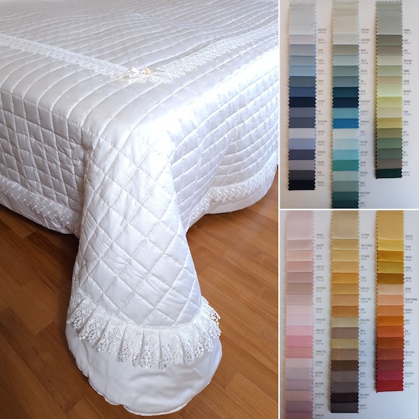 Lace bedspread. Satin fabric and macramé lace. Choose the color of the fabric. Made in Italy. Embroidered bedspread.