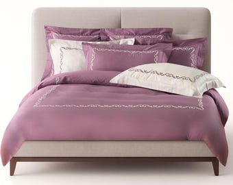 Luxury duvet cover with embroidery. Made in Italy. Elegant embroidered satin duvet cover