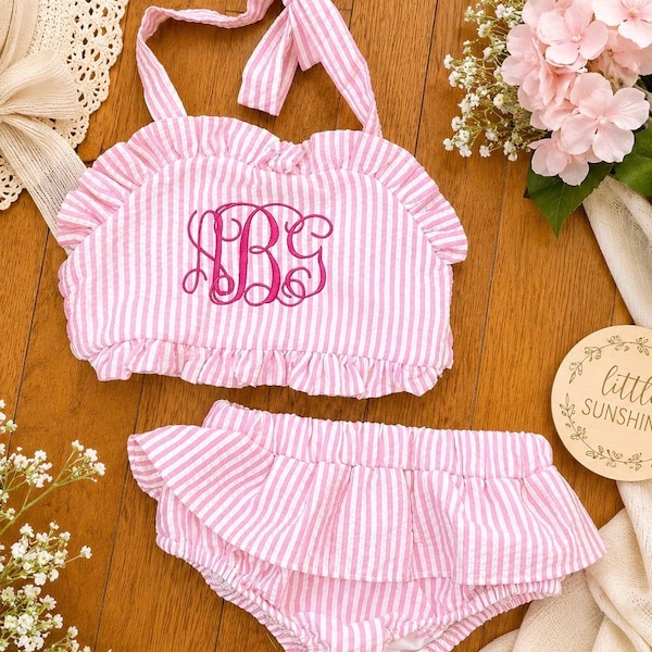 Personalized Pink Seersucker Baby Swimsuit | Monogram Ruffle Bikini Set for Girls | Toddler Two Piece Swimwear | Custom Baby Beach Outfit