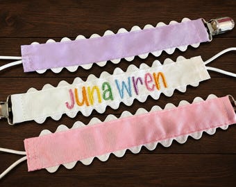 Personalized Pacifier Clip for Baby Girl | Embroidered Name Paci Holder | Scallop Ribbon Pacifier Clip | Custom Baby Shower Gift