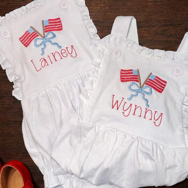 Personalized Patriotic Baby Romper, Custom Name Bubble Outfit, American Flag Embroidered Baby Girl Outfit, 4th of July Baby Clothes