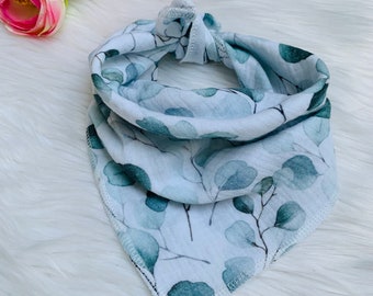 Muslin scarf children, 45 x 45 cm or 50 x 50 cm, cream / eucalyptus leaves (also with name)