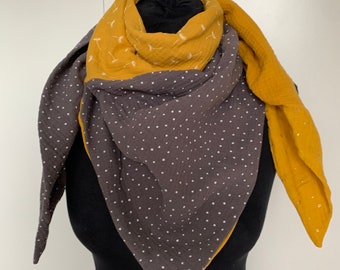 Reversible muslin scarf, 95x95xcmx140cm, grey/mustard yellow/dandelions