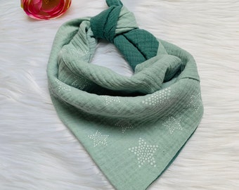 Muslin children's scarf, 50x50X80cm, unique, pattern mix of petrol / mint / stars #29