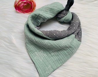 Muslin children's scarf, 50x50X80cm, unique, pattern mix of gray / mint / stars / dots feathers #28