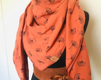 XXL muslin scarf, 130 x 130 cm, rust red/ginkgo