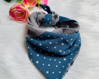 Muslin children's scarf, 50x50X80cm, unique, pattern mix of jeans blue stars light gray #20