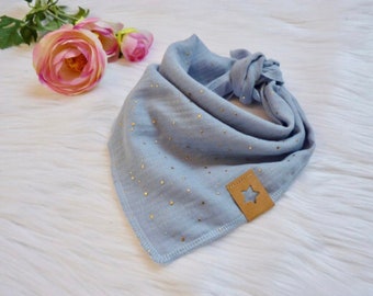 Muslin scarf small, 40 x 40 cm, light blue/gold dots