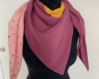 Muslin reversible scarf, 100x100x160cm, pink/berry/mustard yellow/dots