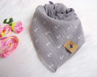 Children's muslin scarf, 45 x 45 cm, light gray anchor (also with name)