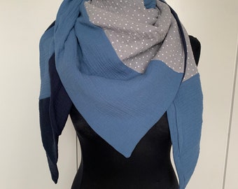 Reversible muslin scarf, 110x110xcmx170cm, dark blue/denim blue/light gray dots