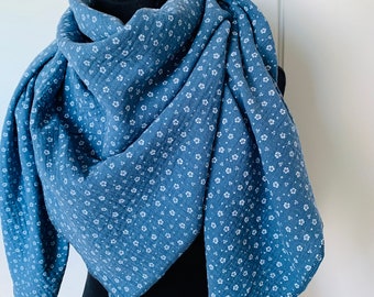 XXL muslin scarf, 130 x 130 cm, jeans blue/flowers