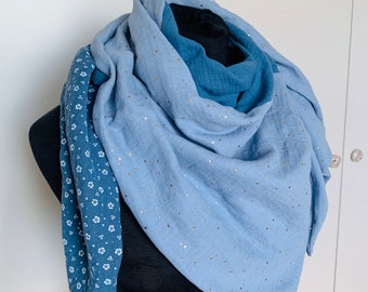 Reversible muslin scarf, 110x110xcmx170cm, jeans blue/light blue gold dots flowers