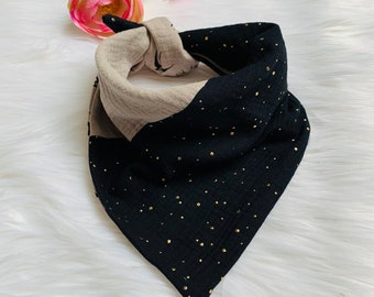 Muslin children's scarf, 50x50x80cm, unique, pattern mix of beige / swallows / black / gold dots, beige #17