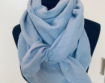 Muslin scarf, 120 x 120 cm, light blue/gold dots