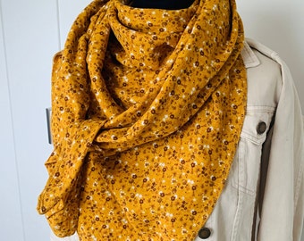 XXL muslin scarf, 130 x 130 cm, mustard yellow/ scattered flowers