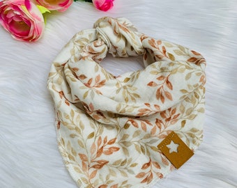 Muslin scarf children, 50 x 50 cm, cream/leaves (also with name)