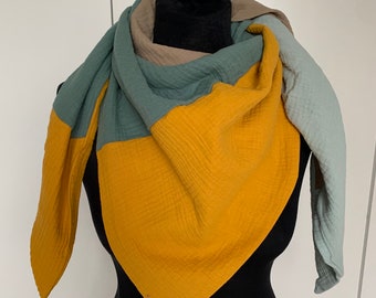 Reversible muslin scarf, 110x110xcmx170cm, mustard yellow petrol beige turquoise