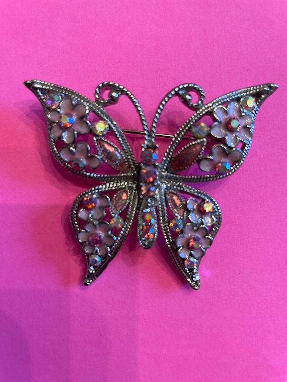 Monet Pink Rhinestone Butterfly Pin