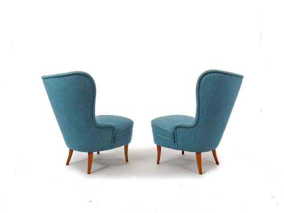Mid Century Lounge Chairs In Blue Wool With Oak Legs Swedish Etsy