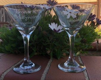 Custom Etched Martini Glass, Sandblasted Glass, Personalized Glasses, Retirement Gift, His and Hers Glass