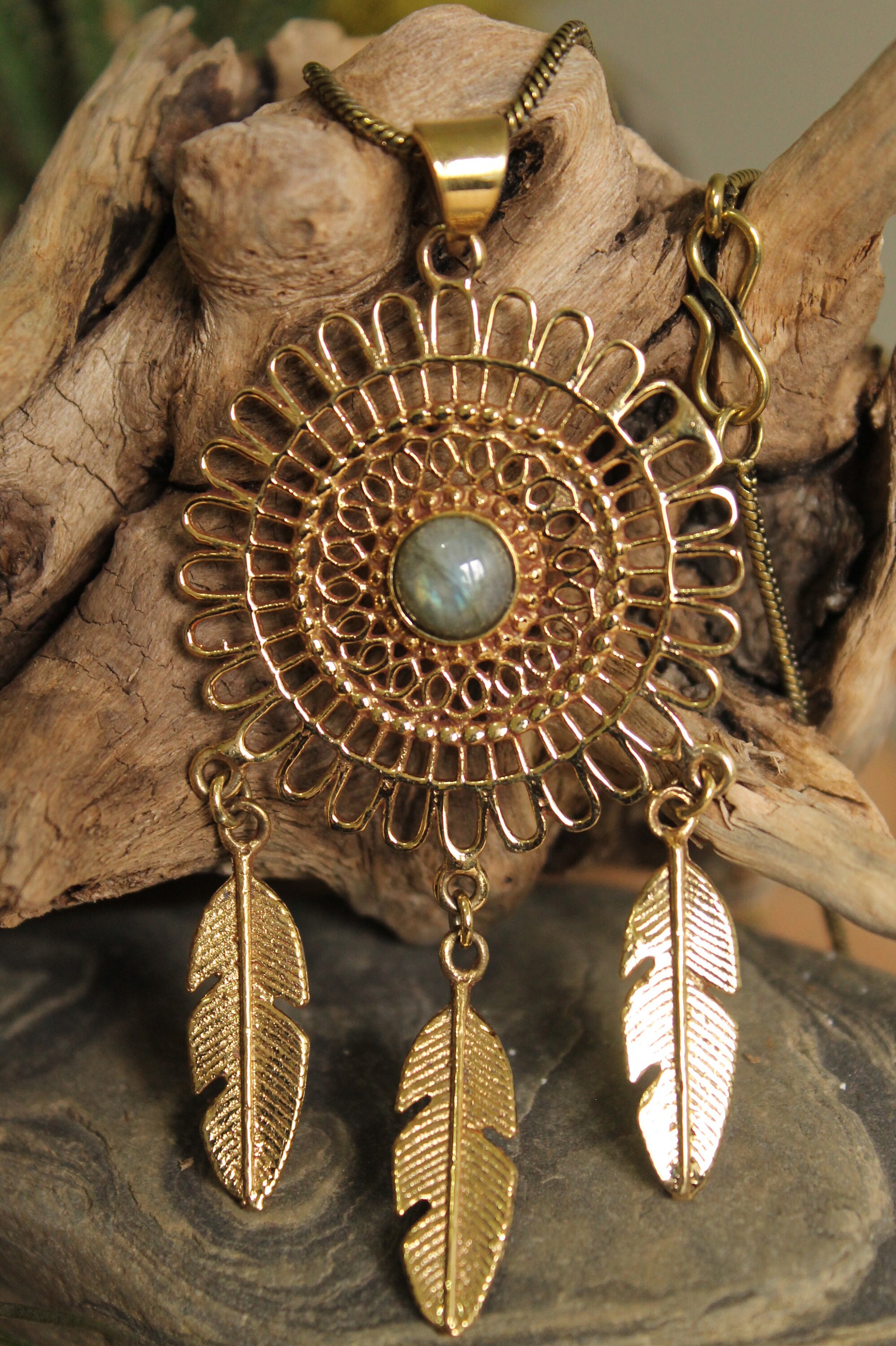 Brass feather Necklace Boho Necklace Tribal Necklace Gypsy Necklace