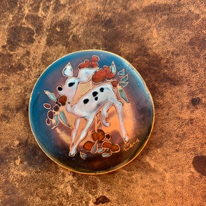 Handpainted Deer Enamel Brooch Signed Pin