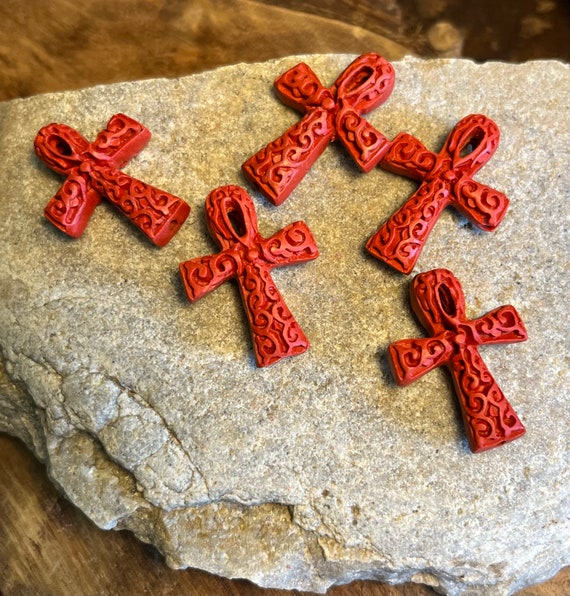 Red Cinnabar Cross Beads Red Beads Cross Beads Carved Cinnabar 