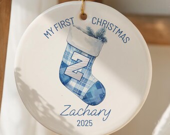 Personalized Boy's Blue Plaid Christmas Ornament: Custom Monogram Keepsake