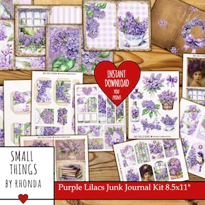 Watercolor Purple Lilacs Scrapbooking Junk Journal Kit, Tags, Ephemera, Digital Download, Vintage Scrapbooking