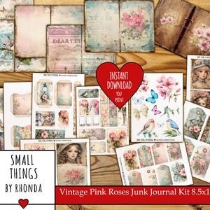 Vintage Pink Roses Scrapbooking Junk Journal Kit, Tags, Ephemera, Digital Download, Vintage Scrapbooking
