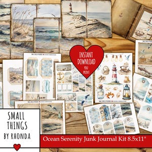 Kit de diário de scrapbooking Ocean Serenity, etiquetas náuticas costeiras, itens efêmeros, download digital, scrapbooking vintage