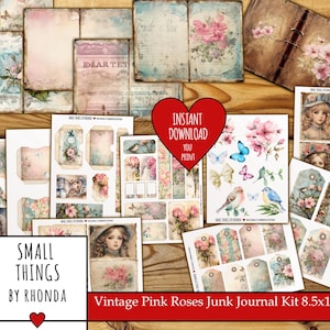 Vintage Pink Roses Scrapbooking Junk Journal Kit, Tags, Ephemera, Digital Download, Vintage Scrapbooking