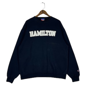 Vintage Champion Hamilton Sweatshirt Crewneck Navy Blue Big Logo Pullover Jumper Size XL