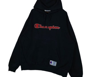 Vintage Champion Hoodie Sweater Big Logo Embroidery Black